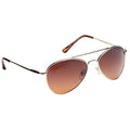 Sunglasses are positioned at an angle with brown gradient lenses reflecting light showcasing a metallic silver frame and brown plastic temples set against a plain white background.