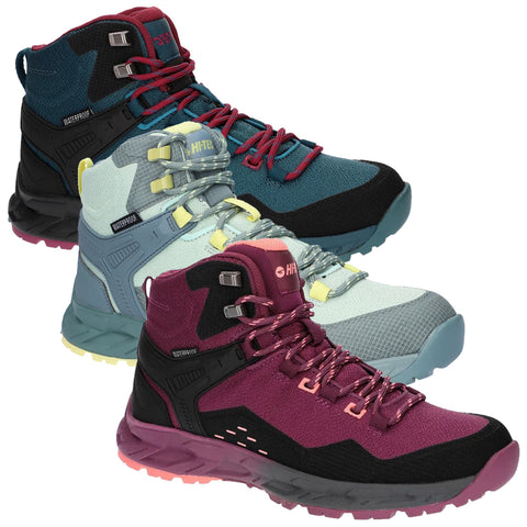 Hi-Tec Ladies Verve Waterproof Walking Boots Three pairs of waterproof hiking boots are displayed in a stacked arrangement showcasing different color schemes including teal black and maroon each featuring vibrant laces and rugged soles designed for outdoor activities.
