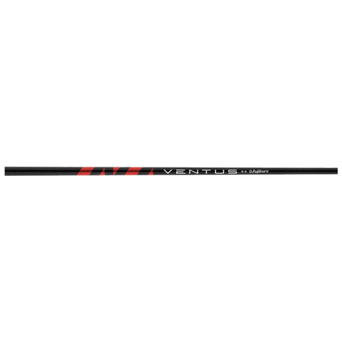A black golf shaft with red accents is displayed horizontally showcasing the brand name and model details against a plain white background emphasizing its sleek design and function.