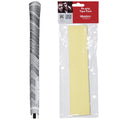 A gray golf club grip is positioned alongside a pack of yellow re-gripping tape strips. The grip features textured patterns for improved handling while the tape is used for securing grips on golf clubs.