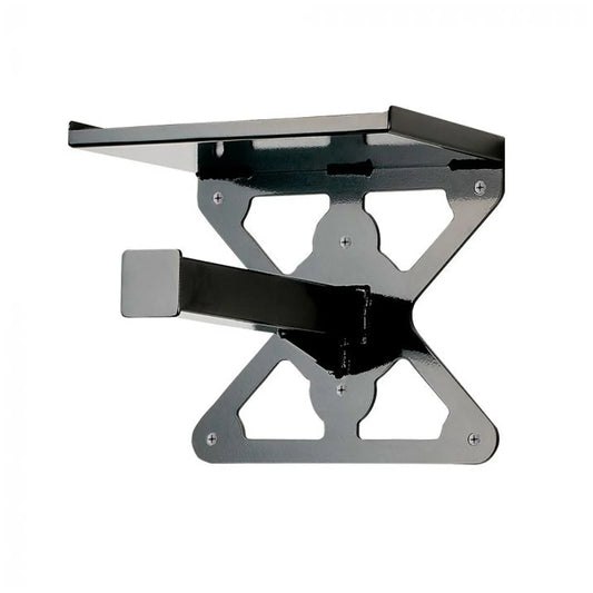A wall-mounted shelf is positioned with a flat surface extending horizontally supported by a metallic bracket showcasing angular cutouts in a sleek shiny finish against a plain background.
