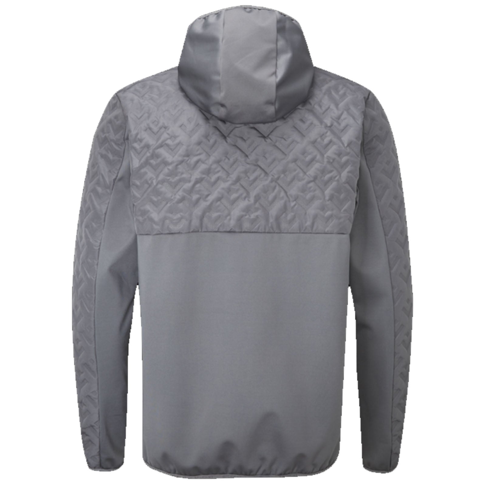 A gray jacket with a hood hangs vertically showcasing a patterned upper section and a smooth lower section in a neutral setting designed for outdoor wear.