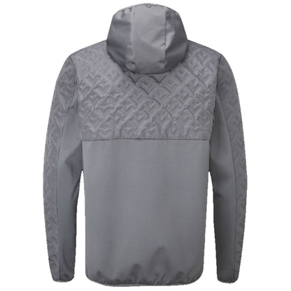 A gray jacket with a hood hangs vertically showcasing a patterned upper section and a smooth lower section in a neutral setting designed for outdoor wear.