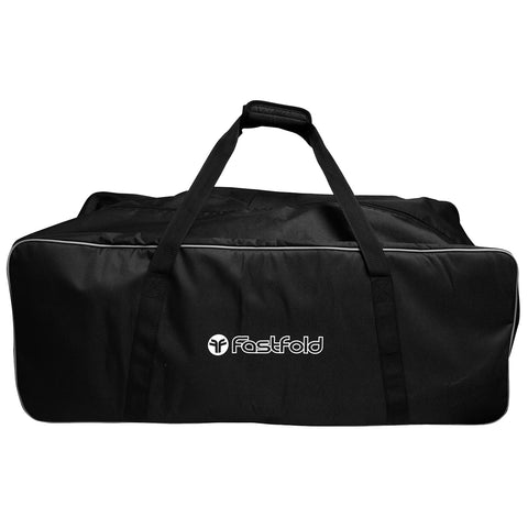 A black duffel bag is positioned upright displaying the Fastfold logo on its front side. It features two sturdy handles for carrying, suitable for transporting gear or personal items.
