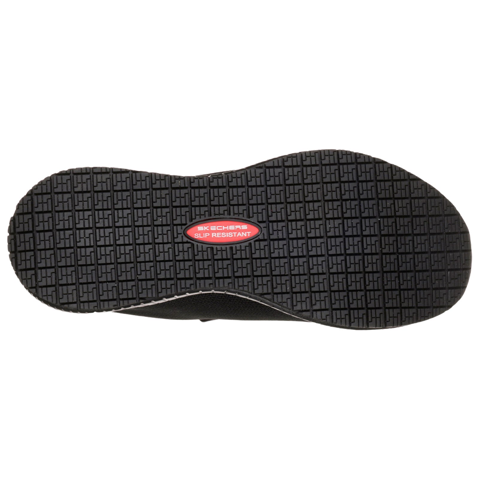 A black shoe sole features a textured pattern providing slip resistance with a red label stating "SKECHERS SLIP RESISTANT" prominently displayed in the center.