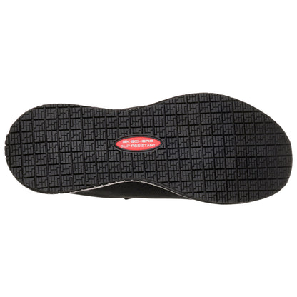 A black shoe sole features a textured pattern providing slip resistance with a red label stating "SKECHERS SLIP RESISTANT" prominently displayed in the center.