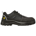 A black athletic shoe with a textured upper and rubber sole is positioned on a plain background showcasing its design features including laces and a padded collar for comfort