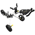 A golf push cart with a folding frame features three wheels and adjustable handles designed for transporting golf bags easily across various terrains in a recreational setting.