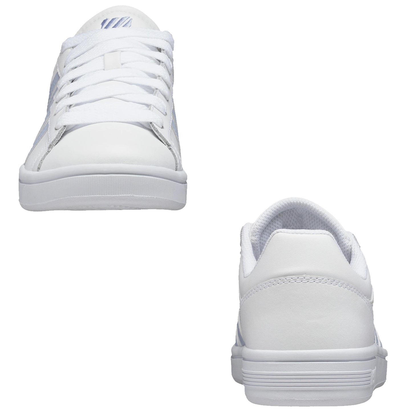 White sneakers feature a smooth design with laces and a padded collar positioned against a plain background showcasing both the front and rear views of the footwear.