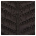 A black puffy jacket is displayed with a front zipper and a chevron quilted pattern providing insulation in a casual outdoor context where warmth is needed.