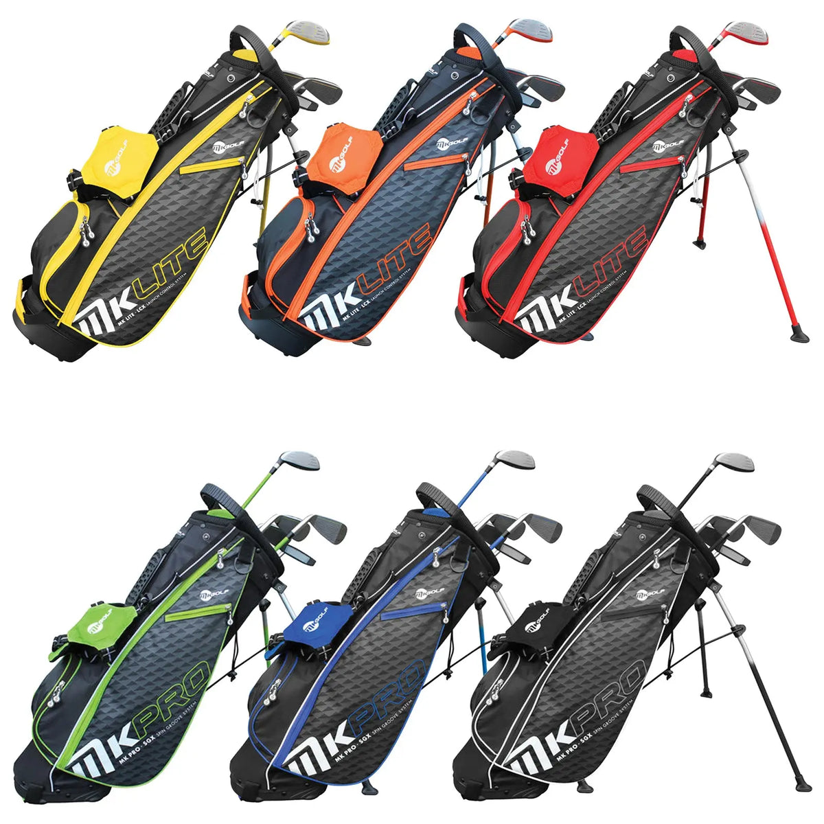 Six golf bags are displayed in two rows showcasing different colors including yellow orange red black green blue and a patterned design with golf clubs positioned above each bag indicating preparation for use on a golf course