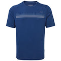 A blue short-sleeved t-shirt features a patterned design across the chest. It is displayed on a white background, emphasizing its color and design details.