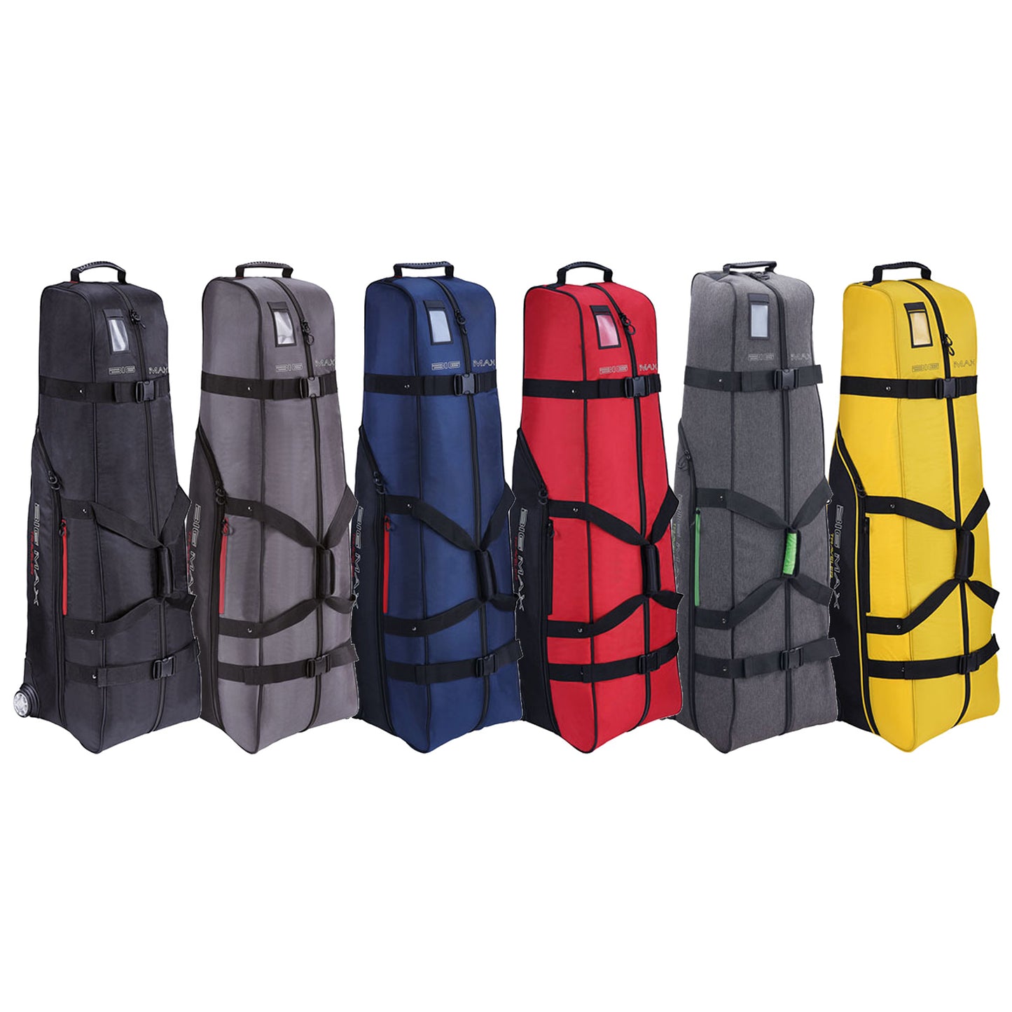 Big Max Traveler Travel Cover Six vertical ski bags in various colors including gray black blue red gray and yellow are lined up side by side showcasing their design features and storage capabilities in a possibly retail setting