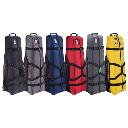 Big Max Traveler Travel Cover Six vertical ski bags in various colors including gray black blue red gray and yellow are lined up side by side showcasing their design features and storage capabilities in a possibly retail setting