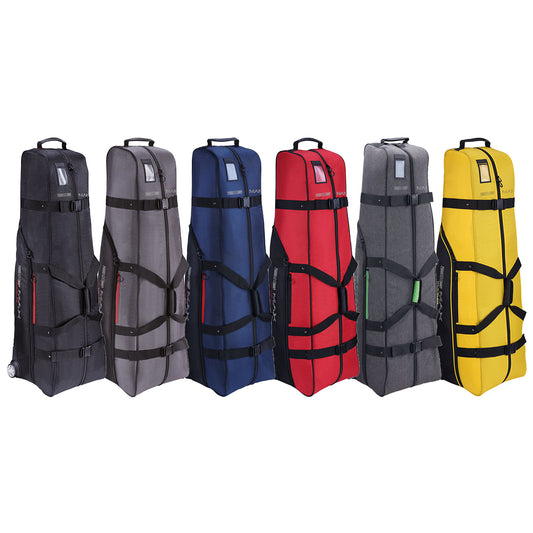 Big Max Traveler Travel Cover Six vertical ski bags in various colors including gray black blue red gray and yellow are lined up side by side showcasing their design features and storage capabilities in a possibly retail setting
