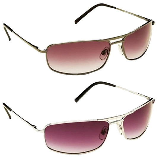 Two pairs of sunglasses are displayed sitting one on top of the other with the top pair featuring blue lenses and the bottom pair featuring clear lenses both have black frames.