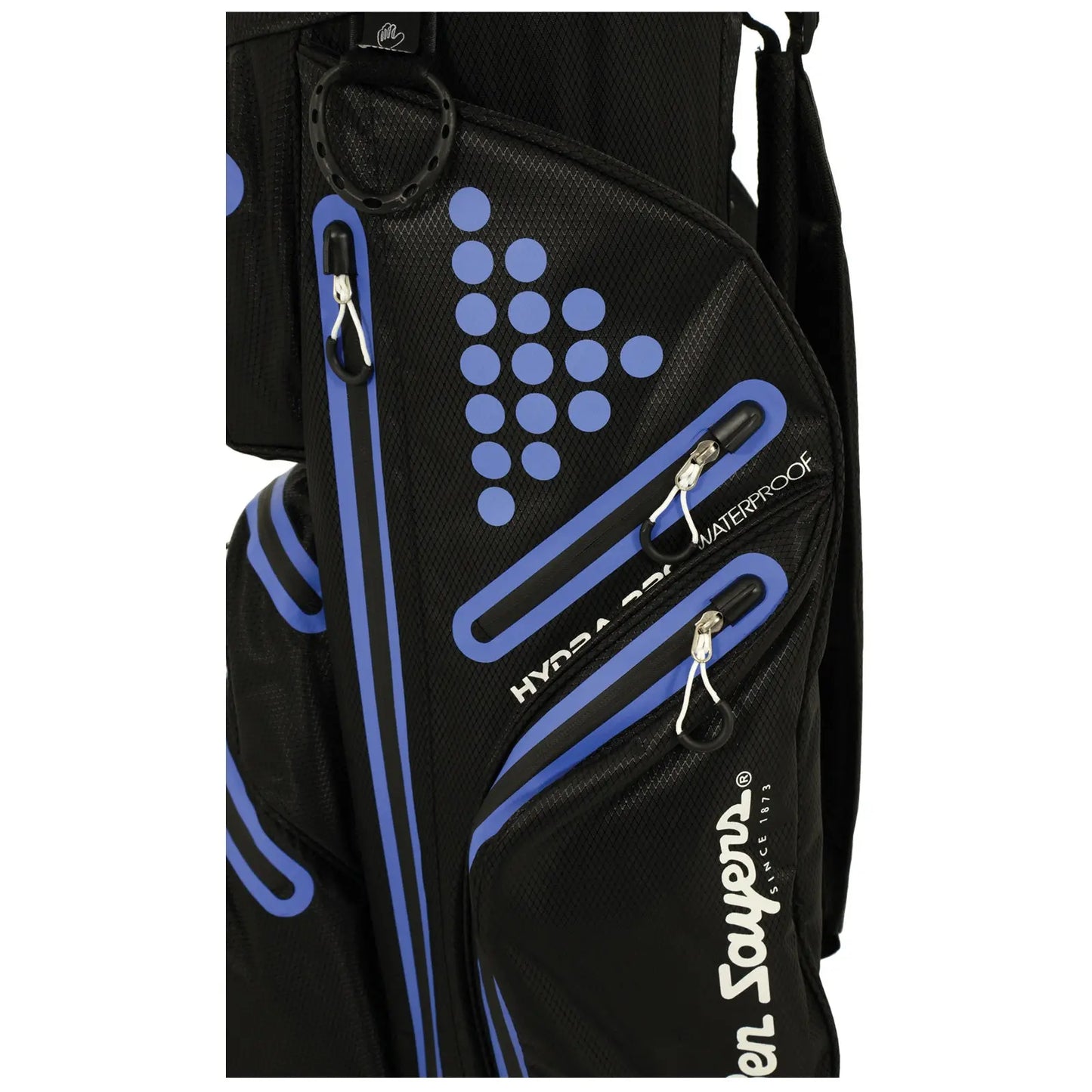 A black golf bag with blue accents stands upright and has multiple zippered pockets labeled Hydra Pro. It is designed for carrying golf clubs and accessories.