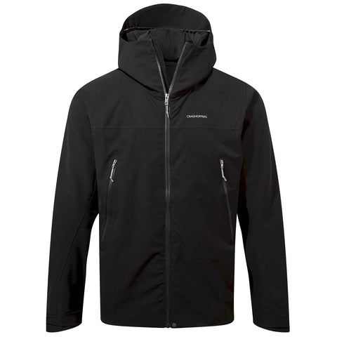 A black waterproof jacket with a hood features two zippered pockets and a front zipper. It is designed for outdoor use in inclement weather, suitable for hiking or casual wear.