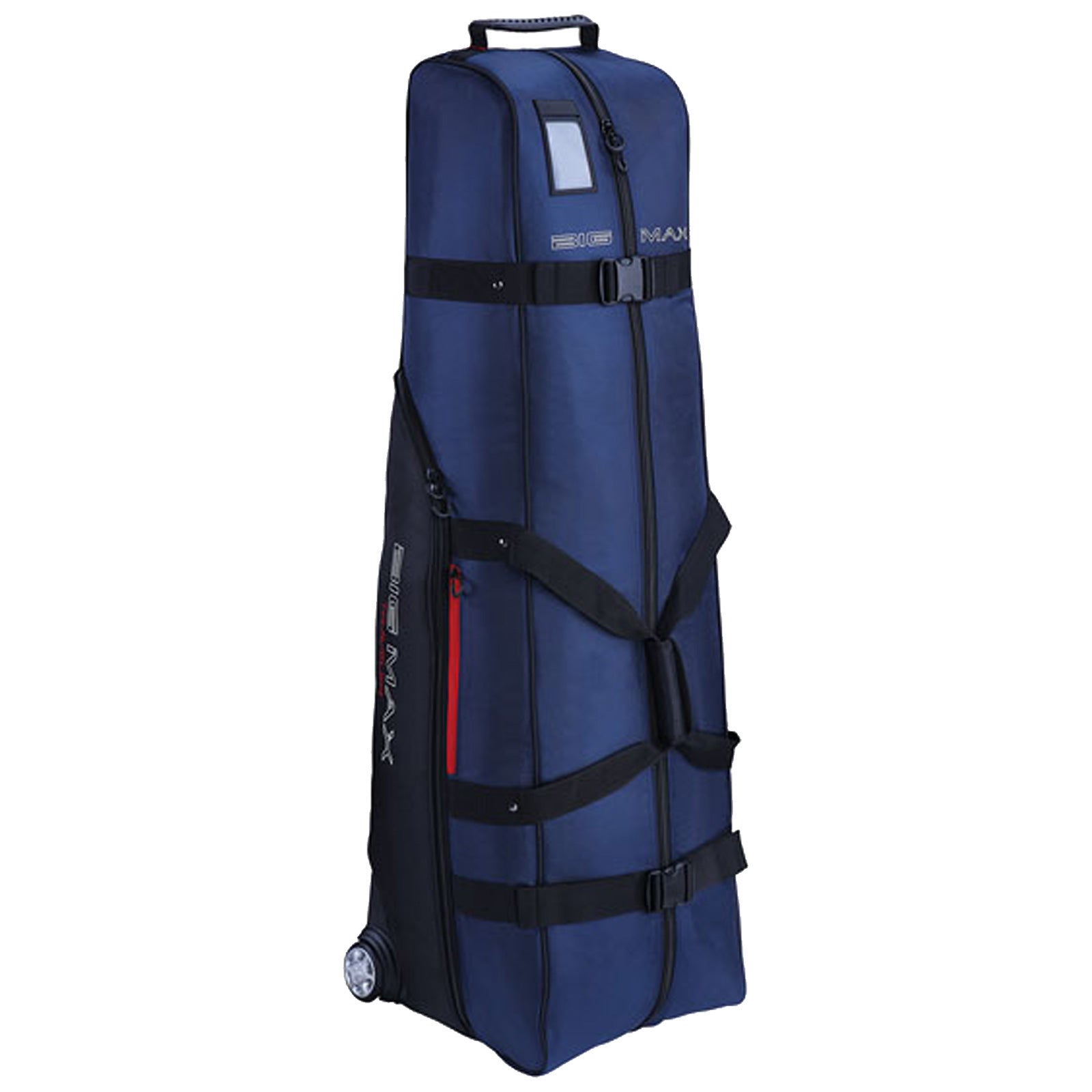 A tall dark blue wheeled bag stands upright with straps securing it. It features a small front pocket and a handle for easy transport, suitable for transporting sports equipment or clothing.