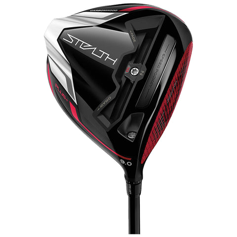 A golf driver features a sleek black and red design with a slightly angled head. It is positioned against a neutral background, showcasing its modern design elements and brand logo.
