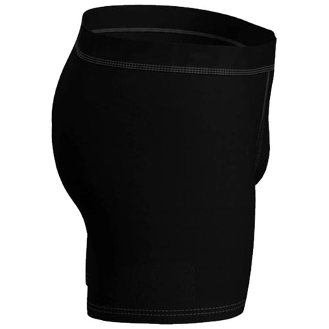 A pair of black athletic shorts is displayed with a focus on the side view showing a fitted design and an elastic waistband in a neutral background setting.