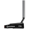 A black golf putter with a sleek design is shown positioned upright with a reflective silver shaft highlighting its features in a neutral background.