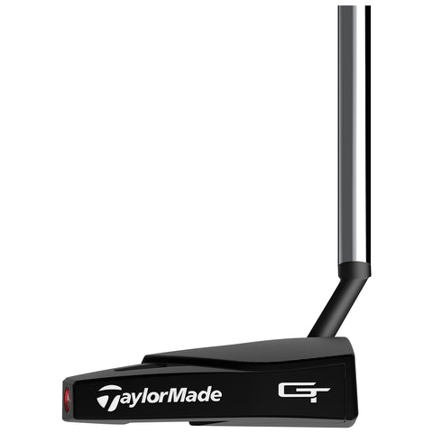 A black golf putter with a sleek design is shown positioned upright with a reflective silver shaft highlighting its features in a neutral background.