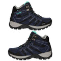A pair of mid-top hiking shoes features a dark blue body with black accents and turquoise details designed for outdoor use showcasing its waterproof and traction capabilities.