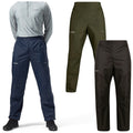 Three pairs of outdoor pants in different colors are displayed prominently against a neutral background. One pair is navy blue with a model wearing a gray long-sleeve top, while the other two pairs are dark green and black.