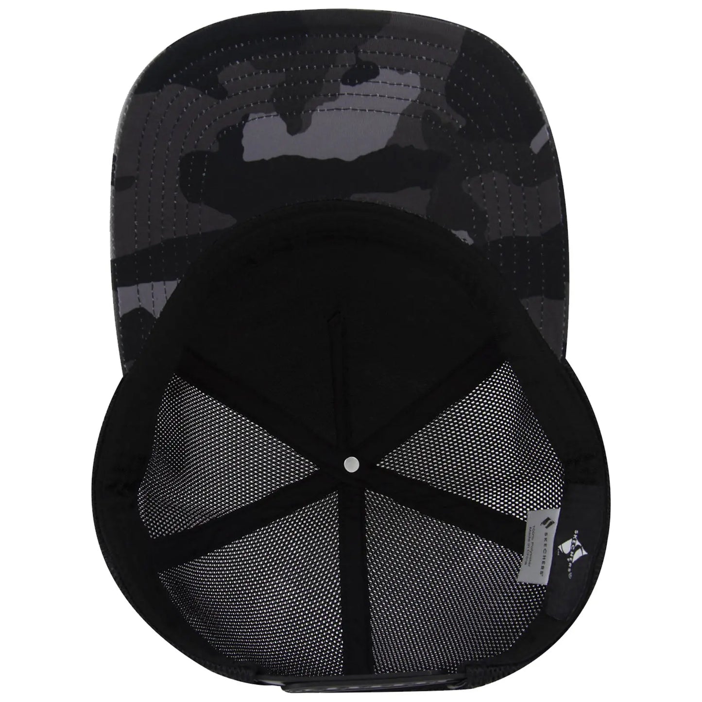 A black camo cap is displayed upside down showcasing its sleek exterior and a mesh interior. The context highlights its design suitable for casual or sporty wear.