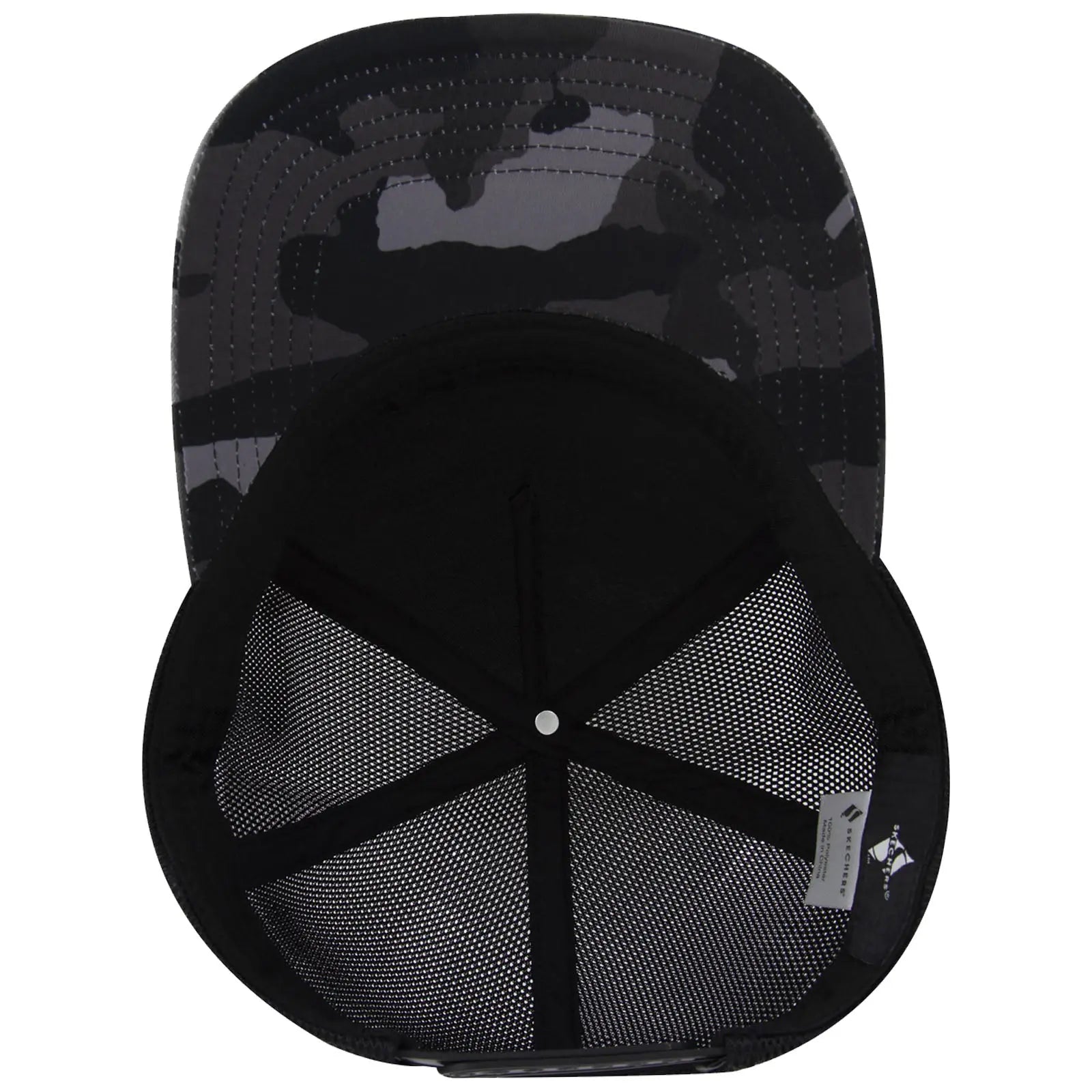 A black camo cap is displayed upside down showcasing its sleek exterior and a mesh interior. The context highlights its design suitable for casual or sporty wear.