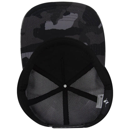 A black camo cap is displayed upside down showcasing its sleek exterior and a mesh interior. The context highlights its design suitable for casual or sporty wear.