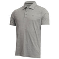 A gray short-sleeved polo shirt hangs upright showcasing a collared neckline with a three-button placket and a subtle logo on the chest indicating brand identification.