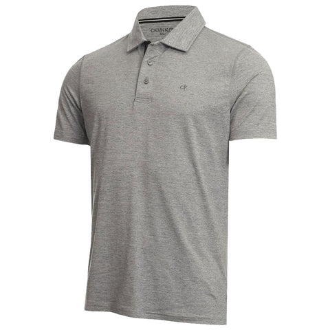 A gray short-sleeved polo shirt hangs upright showcasing a collared neckline with a three-button placket and a subtle logo on the chest indicating brand identification.