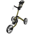 A golf push cart with a sturdy frame has large wheels and a handle for steering it along the course while carrying golf clubs and accessories in a storage basket.