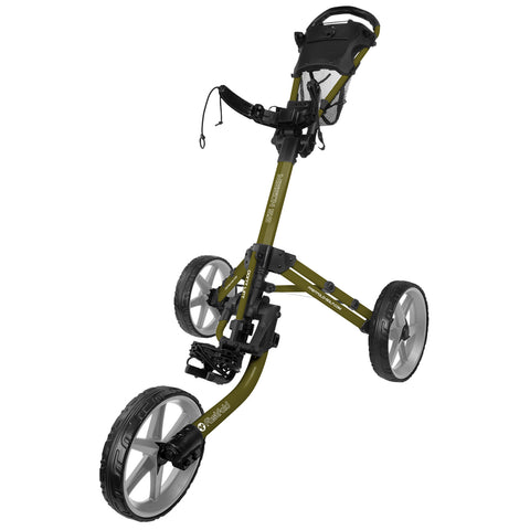 A golf push cart with a sturdy frame has large wheels and a handle for steering it along the course while carrying golf clubs and accessories in a storage basket.