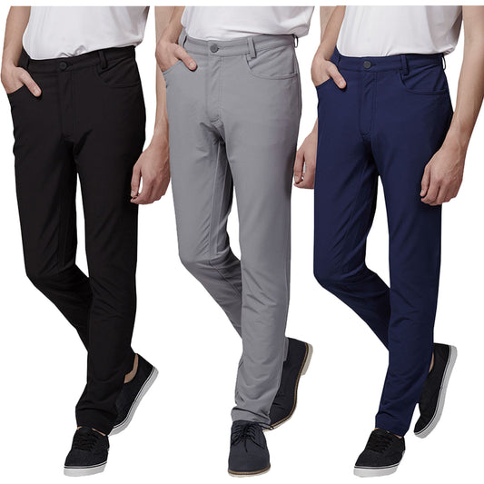 Three pairs of slim-fit pants in black gray and navy are displayed on models each with one hand in a pocket showcasing the casual yet stylish design in a plain background