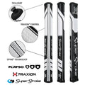Three golf club grips are displayed vertically showcasing features like Tech-Port, Traxion Control, and Spyne Technology along with branding and variations in texture and color on a white background.