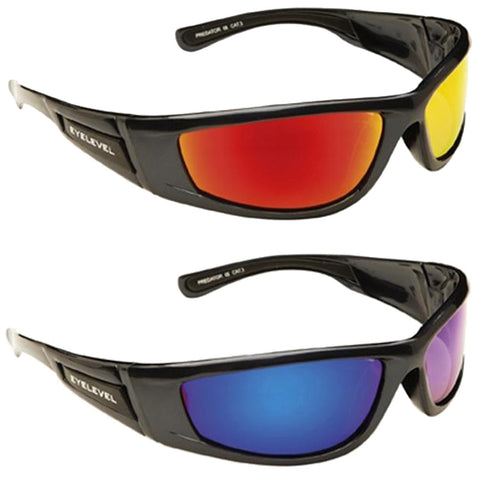 Two pairs of sunglasses are displayed side by side The top pair features red lenses while the bottom pair has blue lenses Both have black frames with brand markings