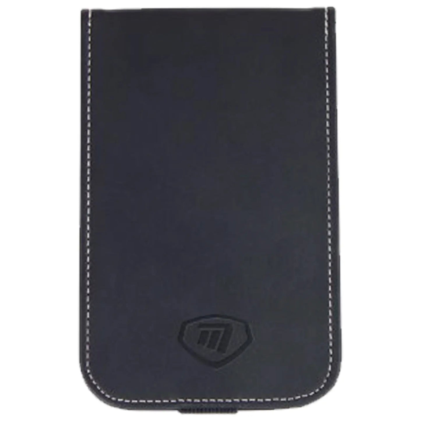 A black leather phone case is positioned upright showcasing its smooth surface and white stitching along the edges with a small logo embossed at the bottom center.
