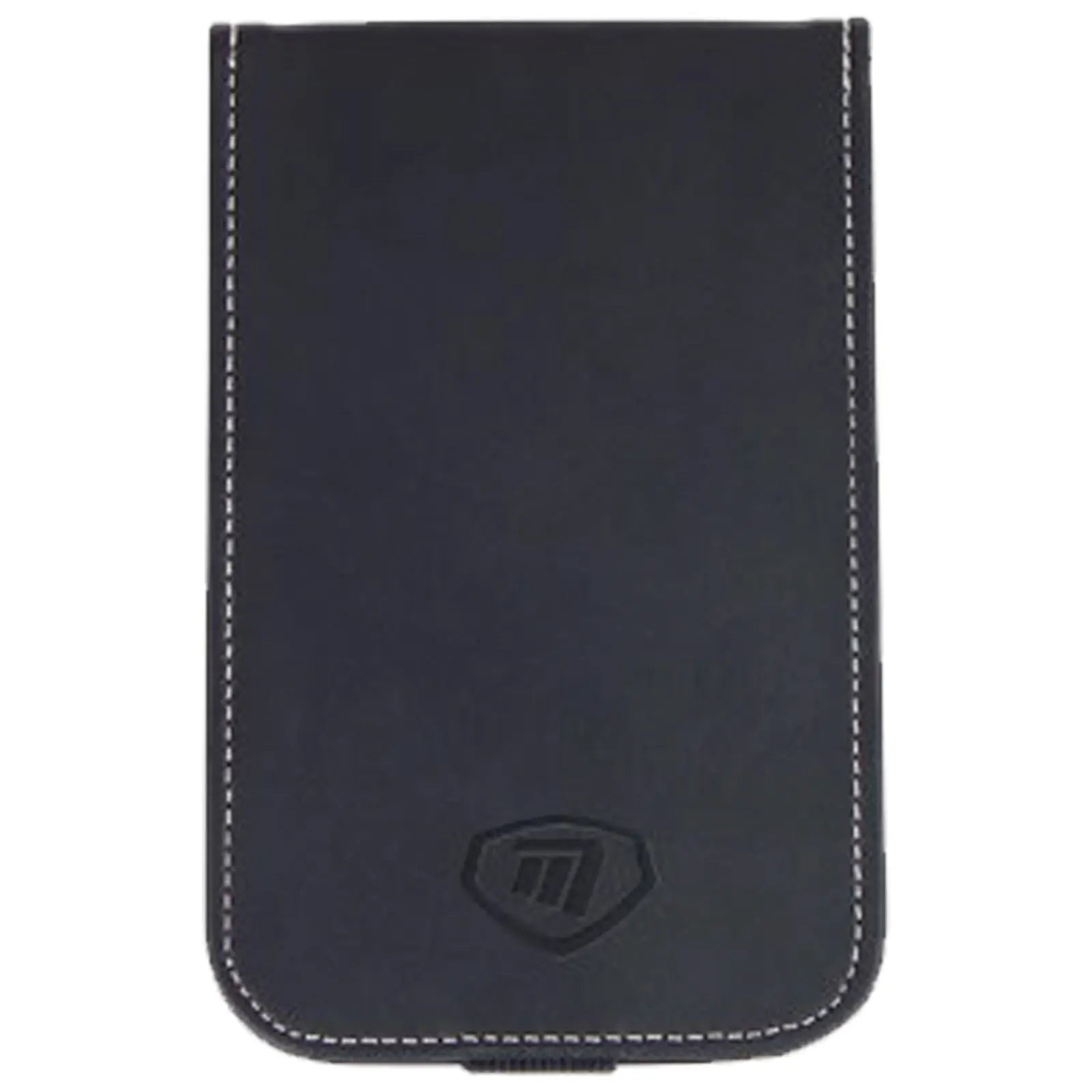 A black leather phone case is positioned upright showcasing its smooth surface and white stitching along the edges with a small logo embossed at the bottom center.