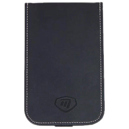 A black leather phone case is positioned upright showcasing its smooth surface and white stitching along the edges with a small logo embossed at the bottom center.