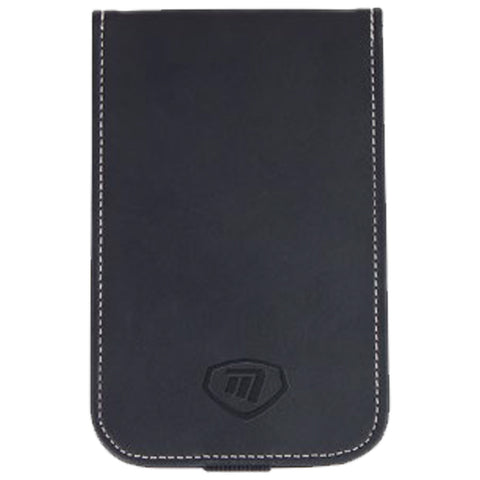 A black leather phone case is positioned upright showcasing its smooth surface and white stitching along the edges with a small logo embossed at the bottom center.