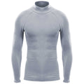 A light gray long-sleeved shirt features a mock neck design and fitted sleeves showcasing a smooth fabric texture and absence of patterns or logos presented against a plain white background.