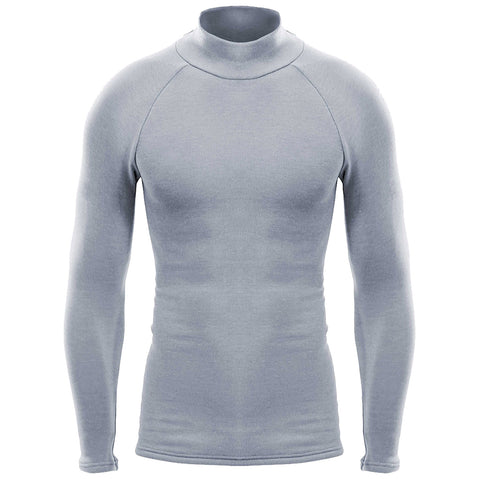 A light gray long-sleeved shirt features a mock neck design and fitted sleeves showcasing a smooth fabric texture and absence of patterns or logos presented against a plain white background.