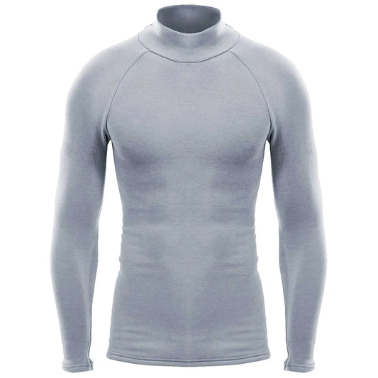 A light gray long-sleeved shirt features a mock neck design and fitted sleeves showcasing a smooth fabric texture and absence of patterns or logos presented against a plain white background.