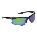 Sunglasses with a sleek black frame feature large mirrored lenses displaying a gradient of green and blue colors set against a plain white background