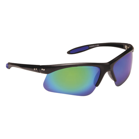 Sunglasses with a sleek black frame feature large mirrored lenses displaying a gradient of green and blue colors set against a plain white background