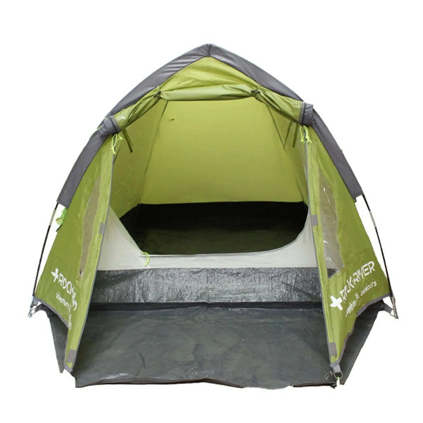 A green camping tent stands upright with an open entrance revealing a spacious interior and a flat floor, set against a neutral background, ready for use in outdoor activities.