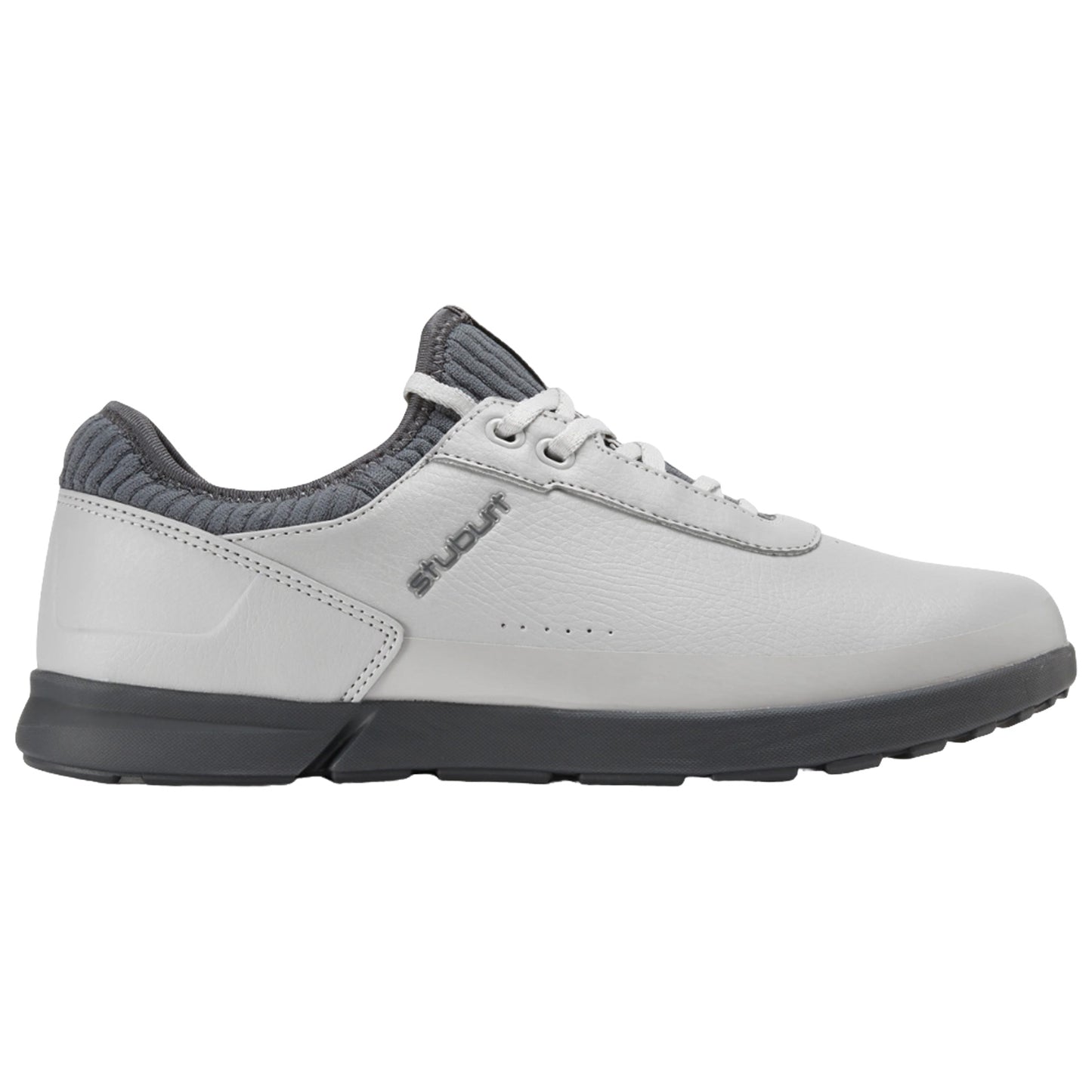 A grey and white athletic shoe rests on a flat surface showcasing a sleek design with a rounded toe laced up and a textured collar for added support.